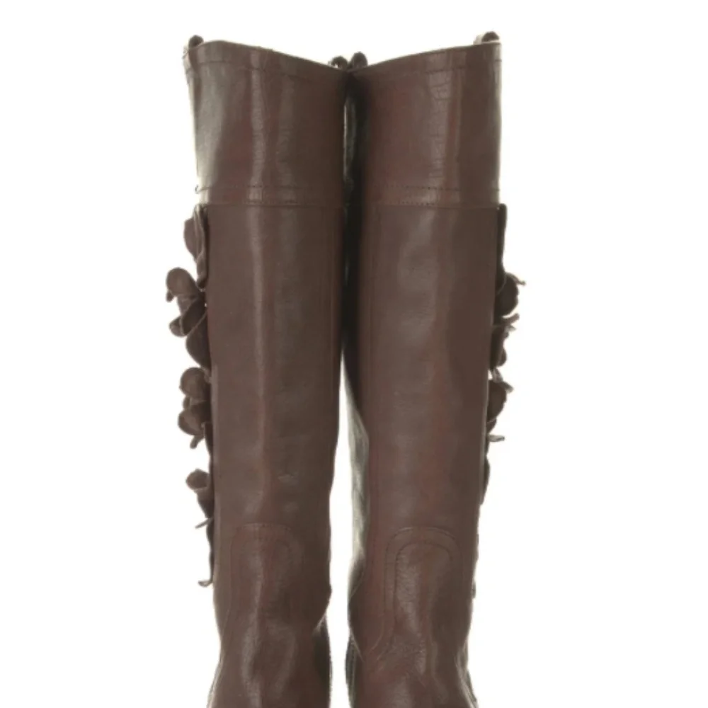 Valentino Garavani brown leather floral appliqué riding knee-high boots size 38.
